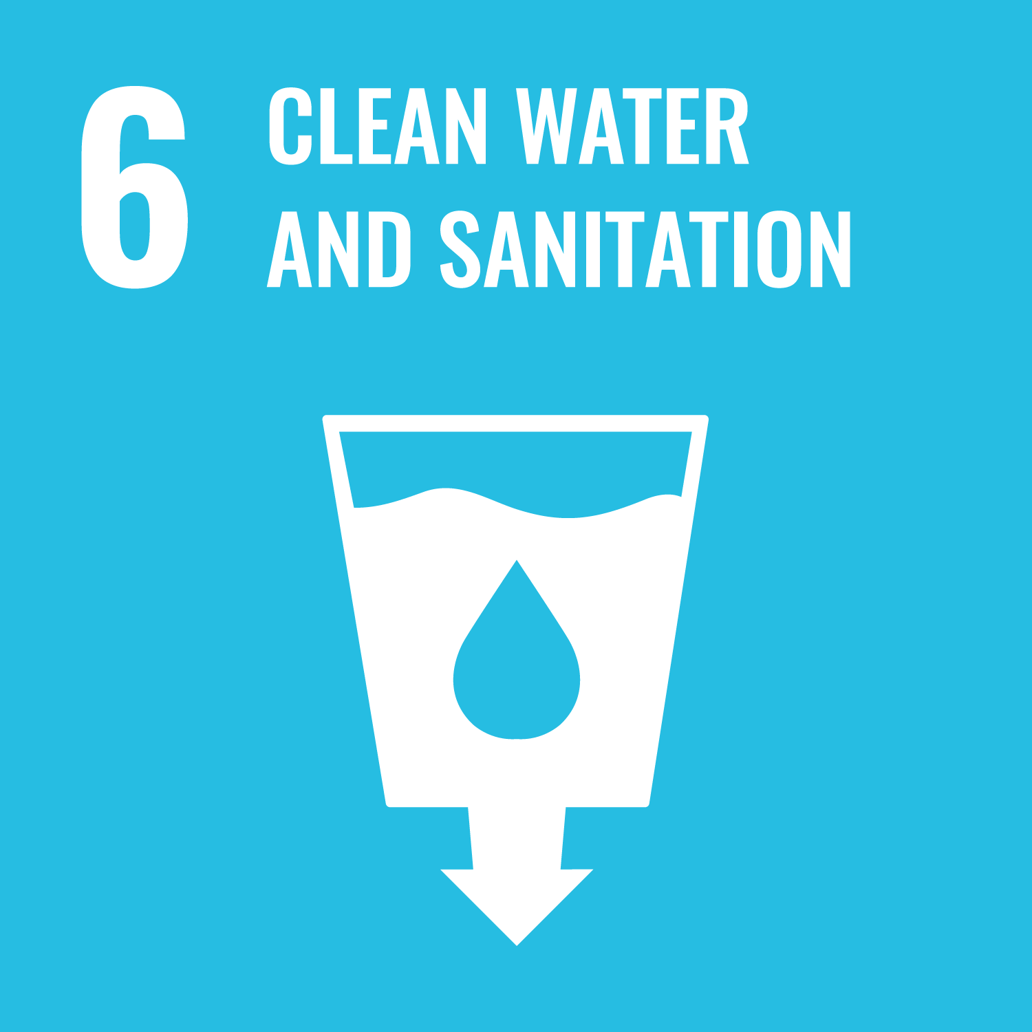 Sustainable Development Goal (SDG) number 6 represented by a light blue square featuring a white symbol of a water glass, the number '6,' and the description 'clean water and sanitation' in white letters