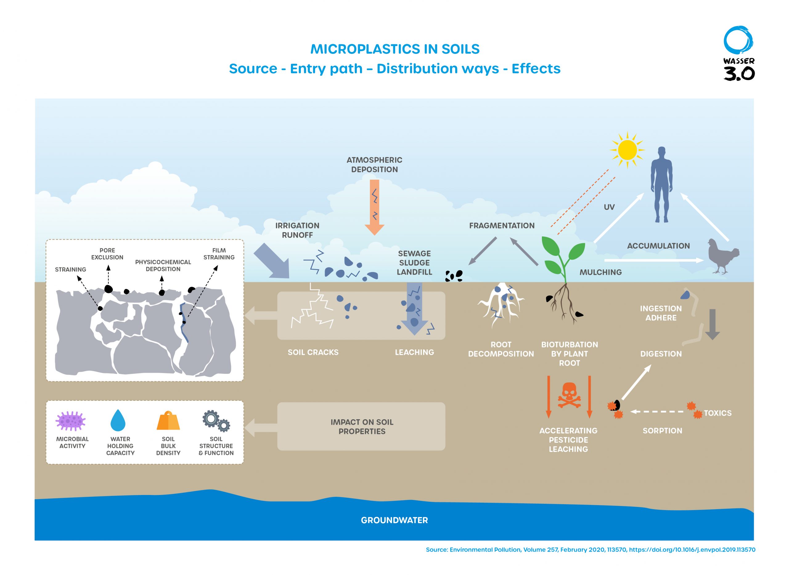 Microplastics in soils - sources, entry paths, distribution routes.